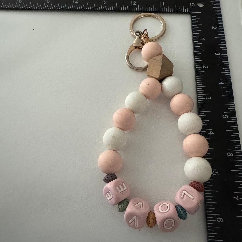 Beaded Keychain Charm "LOVE" Word‎ Design Pink White Wood Accent Bag Purse